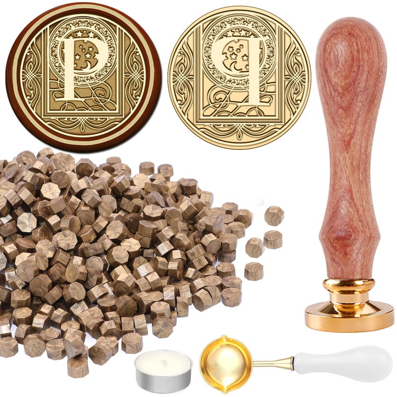 STAMPMASTER Alphabet P Wax Seal Kit Vintage Starry Initial P Sealing Stamp with 120 Antique Gold Wax Seal Beads for Wedding Christmas Envelopes - Image 1